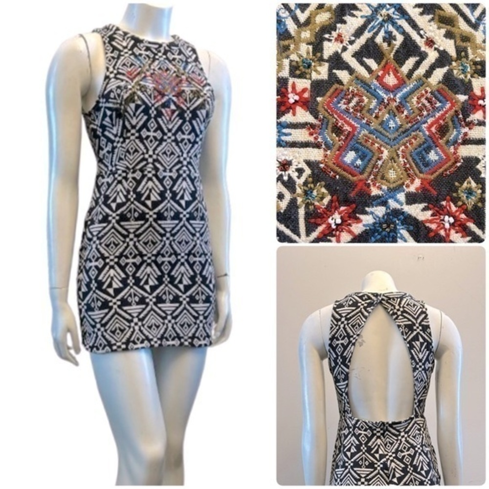 Black and White Backless Cut Out Halter Dress with Embroidery Bead Details